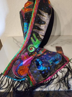 NUEVO CON ETIQUETAS Laurel Burch Canino Perros Y Perros Bufanda Larga Multicolor Seda Flecos Negros Foto 1 de 4