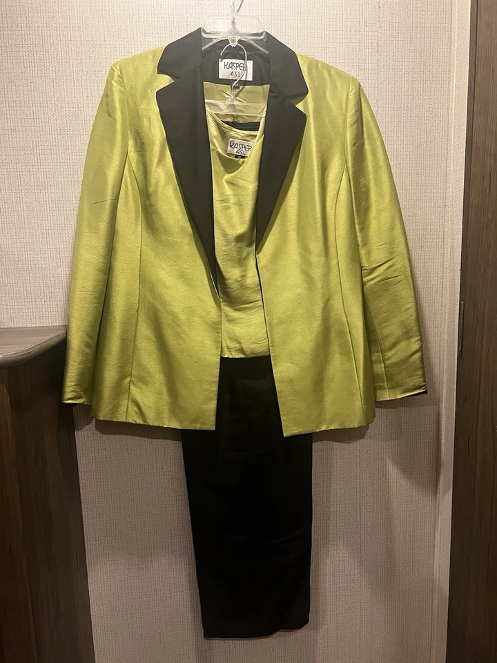 Kasper ASL Conjunto de Traje de 3 Piezas Blazer Pantalones Concha Verde Negro 10 Conjunto de Fiesta de Vacaciones Foto 1 de 4
