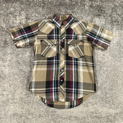 Camisa masculina Outlaw Western Wear média M bege vermelha xadrez pérola encaixe X caudas longas - Imagem 1 de 4