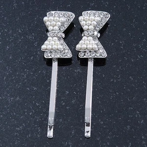 2 Bridal/ Prom Simulated Pearl Crystal 'Bow' Hair Grips/ Slides In Rhodium - Picture 1 of 4