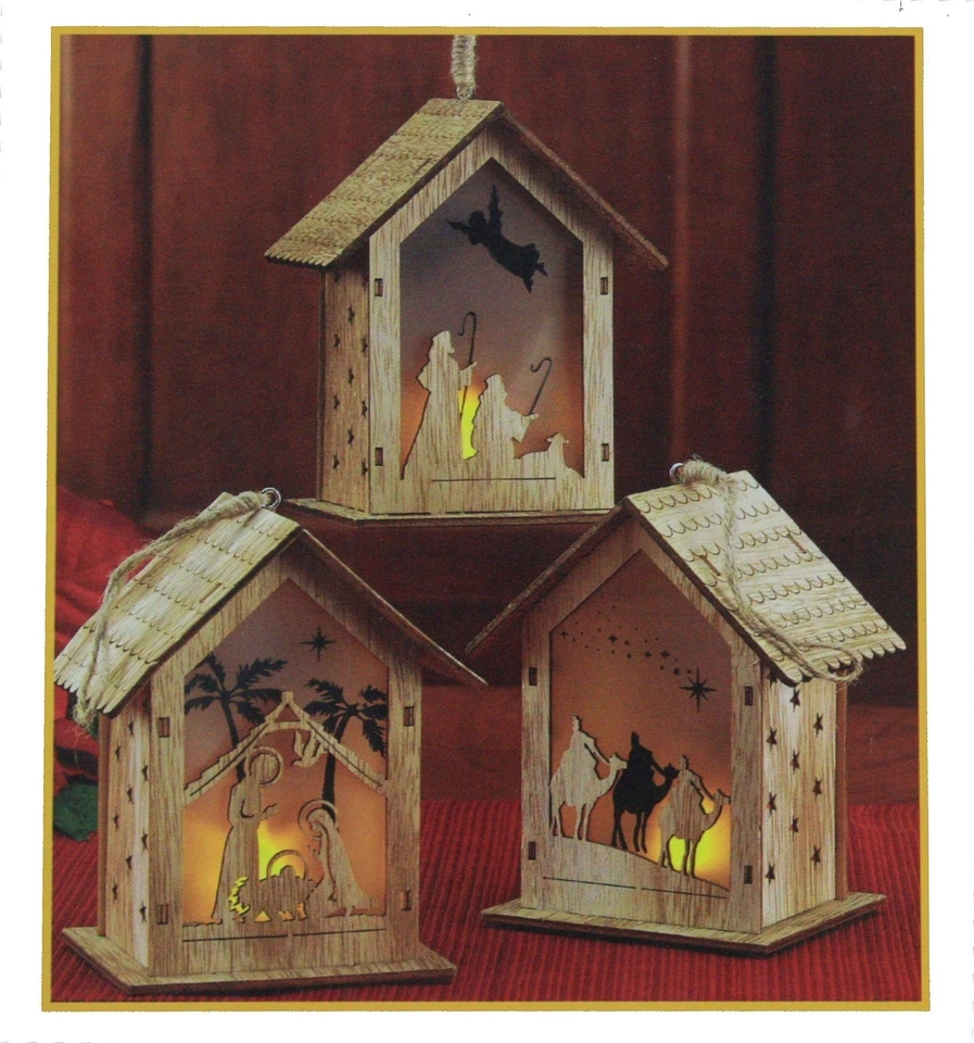 Lighted Nativity House Ornaments With Flickering Lights RLN076 Three Kings Gifts