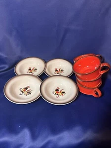 Vintage Metlox Poppytrail Red Rooster Set Of 4 6” Bowls And 5 Cups - Picture 1 of 8