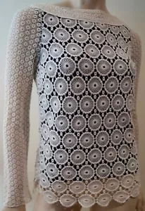 TORY BURCH Black Cream Crochet Cotton & Silk Round Neck Long Sleeve Top 2 UK6 - Picture 1 of 6