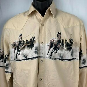 Buffalo Country Western Wear Shirt L Cream Horses Snap Front One Point Pockets
