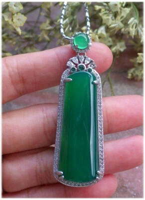White Gold Plate Green AGATE JADE PENDANT Rectangle Diamond Imitation 390717 - Image 1 of 4