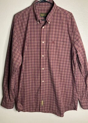 De colección Timberland Hombre L Manga Larga Botón Rojo/Verde 100% Algodón Foto 1 de 4