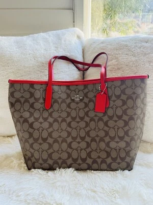 NWT Coach 5696 City Tote Bag in Signature Coated Canvas Khaki Miami Red $398 - Image 1 of 4