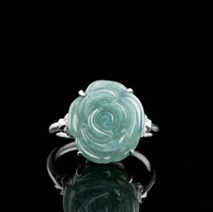 Certified Green Natural A Jade jadeite Rose Flower Sterling 925 Silver Ring - Picture 1 of 9