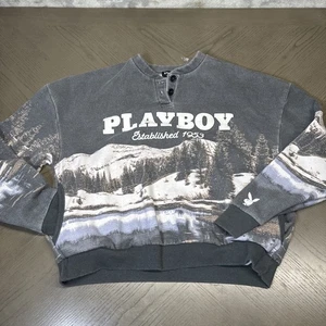 Playboy Pacsun Sweatshirt Womens XSmall - Gray All Over Print Henley Button - Picture 1 of 7