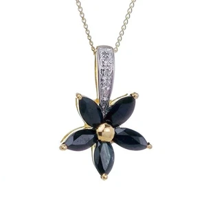 9ct Dark Sapphire Necklace Diamond Flower Yellow Gold 1.3ct Natural Gemstone - Picture 1 of 14