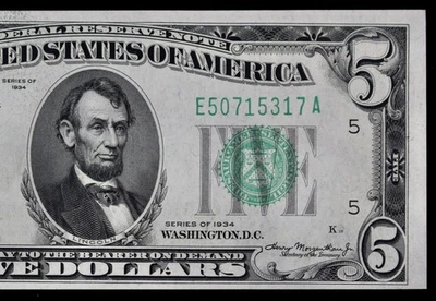$5 1934 Mule CU Federal Reserve Note E50715317A plain series, five $, Richmond - Image 1 of 3