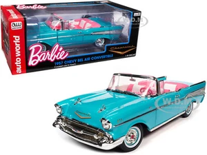 1957 CHEVROLET BEL AIR CONVERTIBLE AQUA BLUE BARBIE 1/18 CAR AUTO WORLD AWSS135 - Picture 1 of 7