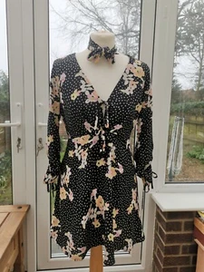 Topshop Petite Black Polka Dot Floral Dress And Neck Tie Size 10 - Picture 1 of 12