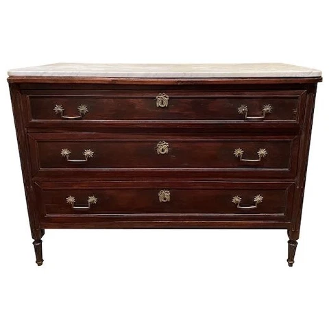 18th/19th c Directoire French Walnut Three Drawer Commode with Stone Top Cover