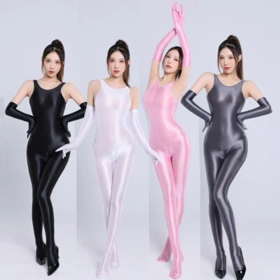 Shiny yoga sports bodysuit Zipper open crotch shapewear tight Jumpsuit + Gloves - Photo 1/4
