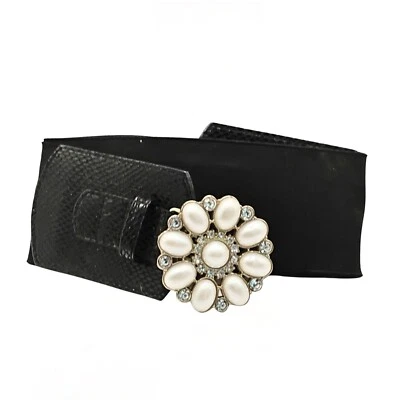 Cinturón ancho Y2K para mujer talla M/L glamour perla estrás flor hebilla elástica negro Foto 1 de 4