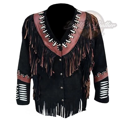 Cowgirl Native American Women Western Black Suede Leather Jacket Fringe Tasseled - Image 1 of 4