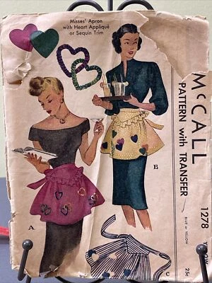 Vintage 1946 McCall’s 1278 Half Apron 3 Styles Heart Appliqué Transfer Sequins - Image 1 of 4