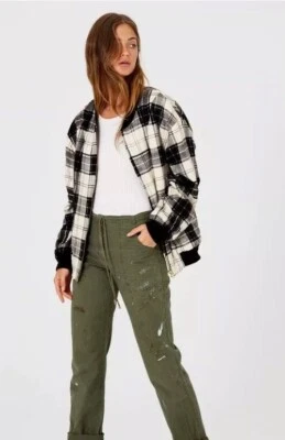 Free People JeNs Pirate Womens Spring Bomber Jacket Size XS Oversized Plaid Coat - Image 1 of 4