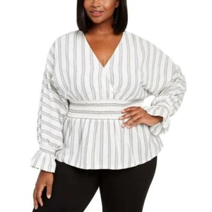INC Linen Smocked Top Plus Size 0X White Summer Striped Beach Coastal Resort NEW - Picture 1 of 9