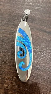 Sterling Silver Two Sided Blue Opal Surf Board Hawaii Mens Pendant - Picture 1 of 5