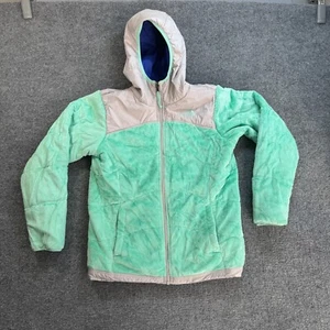 North Face Jacket Girls XL Green Fuzzy Reversible Hooded Colorblock Windbreaker - Picture 1 of 14