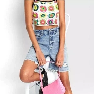 Womens Bermuda Jean Shorts Raw Hem Distressed High Rise Wide Leg Size 0 Waist 25 - Picture 1 of 3