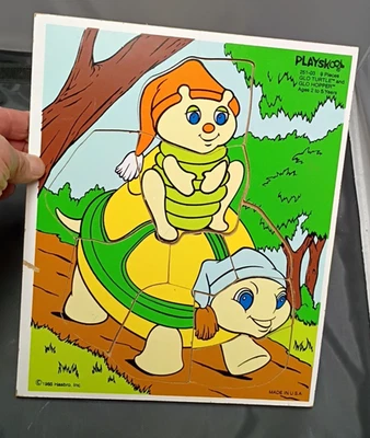 Rompecabezas bandeja tortuga y tolva Playskool Glo Friends 1985 de colección 11,5"x 9,5" parte posterior de madera Foto 1 de 4