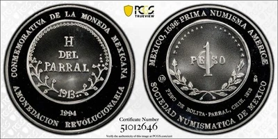 1994Mo Mexico Numis Society Ag Peso de Bolita Parral Chih Silver Medal PCGS SP65 - Image 1 of 3