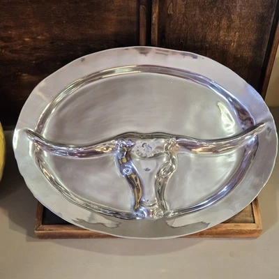 Texas Longhorn Pewter Platter 3D Cow Cattle Large Oval 17x13 Heavy  - Image 1 of 4