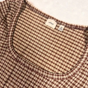 Aritzia Wilfred Gingham Crop Top Square Neck Short Sleeve Brown 2XS Milkmaid - Picture 1 of 7