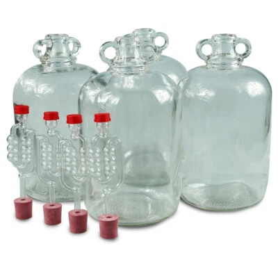 BREW2BOTTLE 4 x 5ltr Glass Demijohns With Bungs & Airlocks