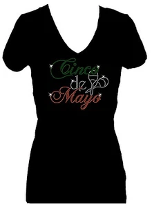 CINCO DE MAYO RHINESTONE PARTY V NECK SHORT SLEEVE WOMENS TEE SHIRT - Picture 1 of 2