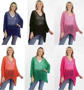 Ladies Italian Lace Crochet Top Loose Knit Batwing Baggy Oversized Lagenlook Top - Picture 1 of 14
