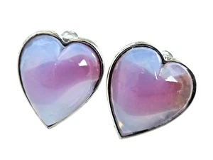 Vintage Claudette Silver Tone Heart Earrings w/ Big Opaline Givre Stones - Picture 1 of 6
