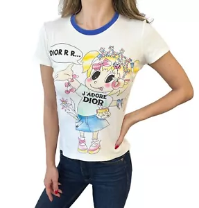 Christian Dior Vintage 2005 J'ADORE Cartoon T-Shirt #38 Top weiß blau Baumwolle - Bild 1 von 10