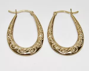 9CT YELLOW GOLD & SILVER LADIES PATTERNED OVAL CREOLE HOOP EARRINGS - Picture 1 of 7