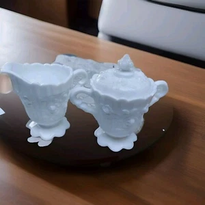 Vintage Fenton Art White Milk Glass Embossed Cabbage Rose Creamer & sugar bowl - Picture 1 of 11