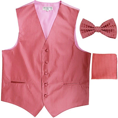 New Men's Formal Vest Tuxedo Waistcoat_bowtie & hankie set stripes coral prom - Image 1 of 4