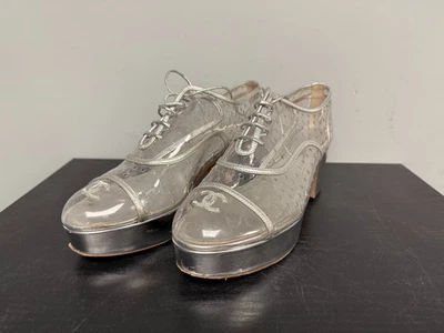 CHANEL Calfskin & Perforated PVC Clear Lace Up Platform Oxfords Shoes 40 RARE - Image 1 of 4