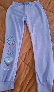 Justice Girls Size Large 12/14 Purple Sweatpants Flowers Smiley Face Heart - Picture 1 of 8