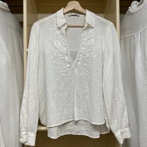 Zara Shirt Women Small White Embroidery Cotton Gauze Light Puffy Scallop Popover - Picture 1 of 14