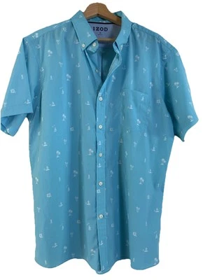 IZOD Mens Short Sleeve Shirt* XL Button Down Aqua Palm Tropical Cocktails Surfer - Image 1 of 4
