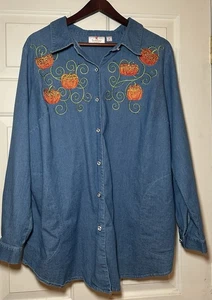 Quacker Factory Denim Knopfleiste Top Shirt Größe 1X Kürbis Halloween Herbst - Bild 1 von 7