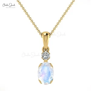 Natural Rainbow Moonstone Pendant Necklace Solid 14k Gold Diamond Charm Jewelry - Picture 1 of 22