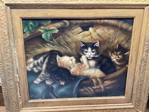ANTIQUE Oil on Panel, Kittens in a basket Signed Circa 1911 VERSO - Picture 1 of 12