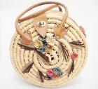 Round Sewing Basket Purse Coiled Raffia Flowers Leather Handles Vintage 12