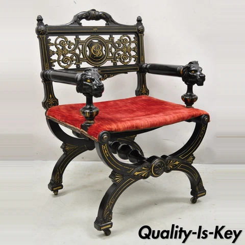 Antique Victorian Aesthetic Movement Ebonized Curule Throne Arm Chair with Lions Cover