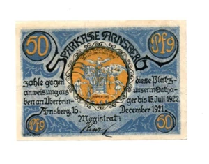 50 PFENNIG EXTRA FINE EMERGENCY ISSUED NOTE FROM GERMANY/ARNSBERG 1921 - Picture 1 of 2