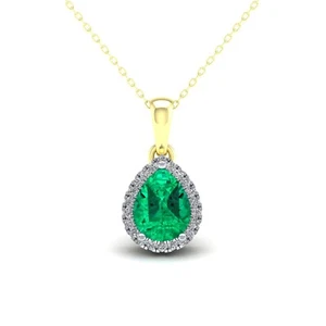 Emerald Pear Cluster Pendant Solid 9ct Yellow Gold 18" Chain Hallmarked - Picture 1 of 4